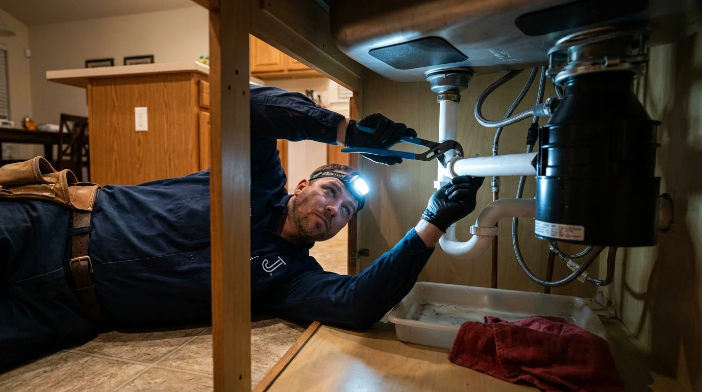 P-trap and supply line connections under a kitchen sink showing a common leak point in West Union, WV